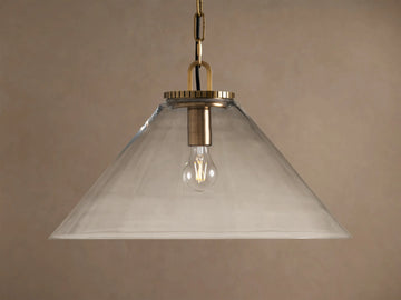 Large Wescott Cone Pendant with Chain in Brass with Clear Glass