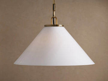 Large Wescott Cone Pendant with Chain in Brass with Milk Glass
