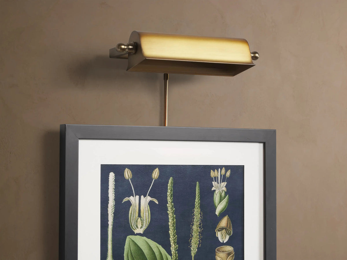 Tremont Picture Light Sconce in an antique metallic finish, mounted on a wall, casting warm light on a botanical print.
