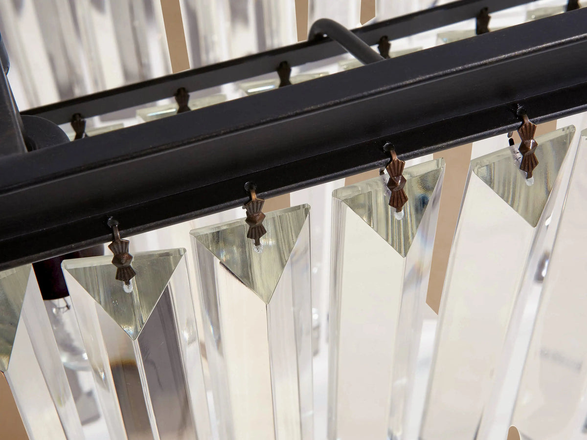 Leyland Tiered Rectangular Chandelier with two tiers of clear K9 glass crystals and a dark oil-rubbed iron frame, suspended by chains.
