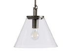 Cone-shaped pendant light with transparent glass shade, steel fixture in a bronze finish, and visible bulb inside.