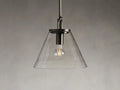 Clear glass cone pendant light with visible bulb, silver metal fixture, and adjustable silver rod on a neutral background.