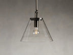 Clear glass cone pendant light with visible bulb, silver metal fixture, and adjustable silver rod on a neutral background.