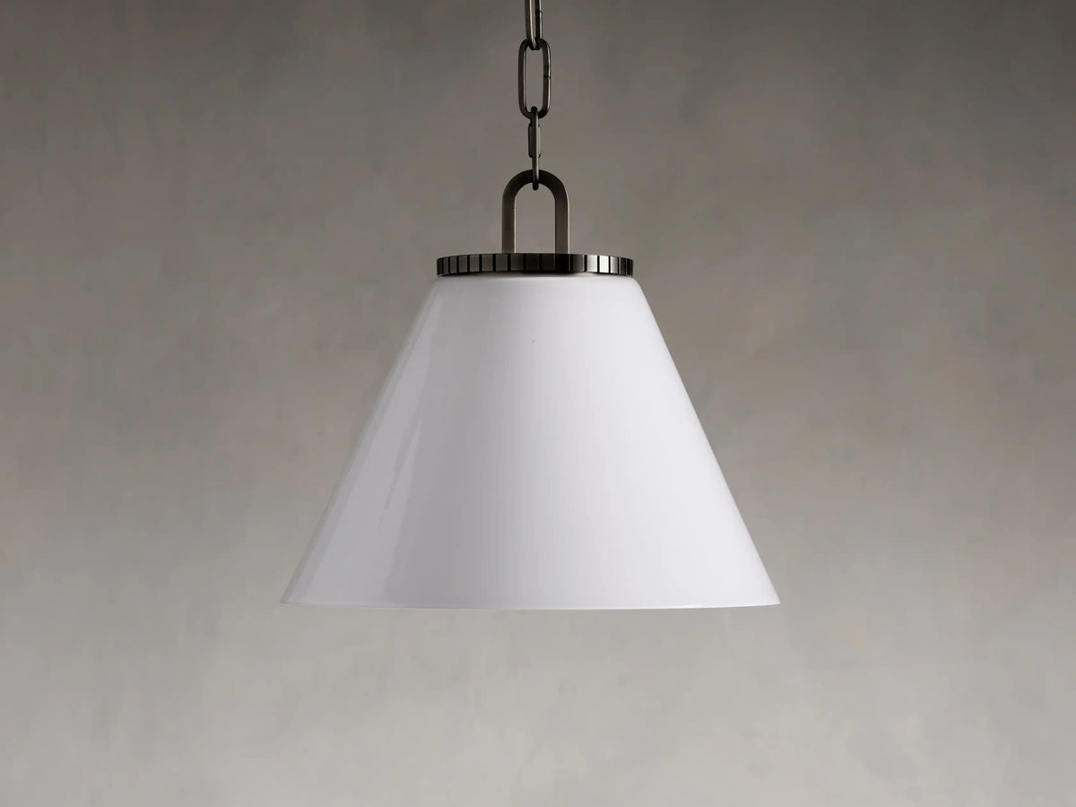 Wescott Cone Pendant with a smooth white milk glass cone shade, suspended by a black chain, against a light gray background.