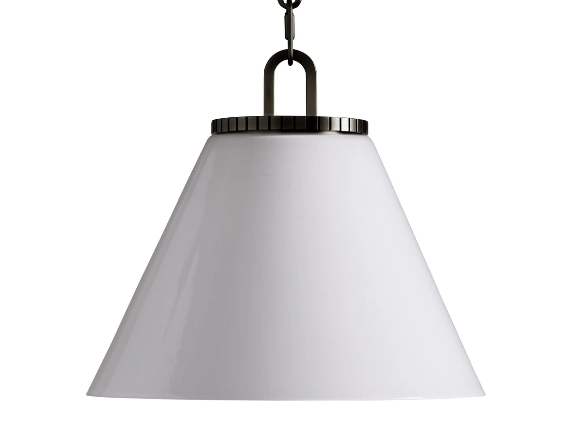 Alt text: White milk glass cone pendant light with a metal chain and black fabric-wrapped cord, hanging against a gray background.
