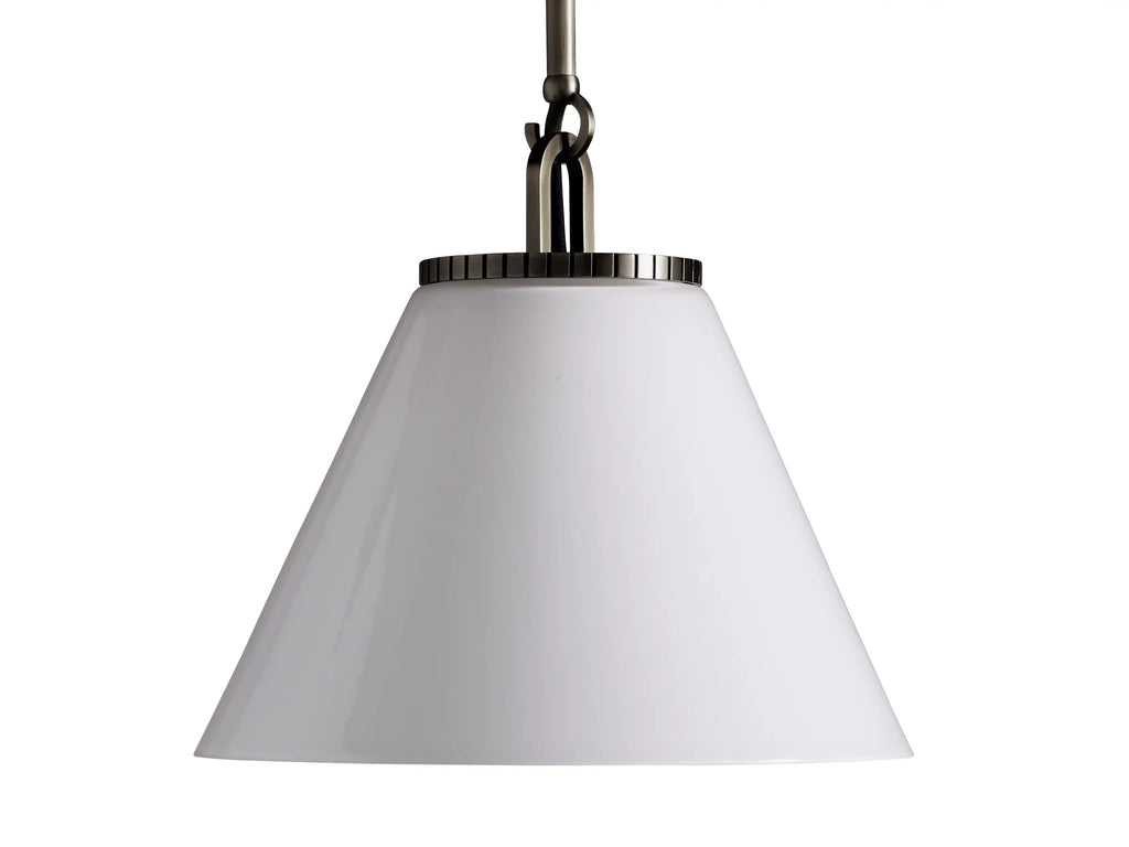 Wescott Cone Pendant with a white milk glass shade hanging from a metallic rod against a gray background.