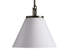 Wescott Cone Pendant with a white milk glass shade hanging from a metallic rod against a gray background.