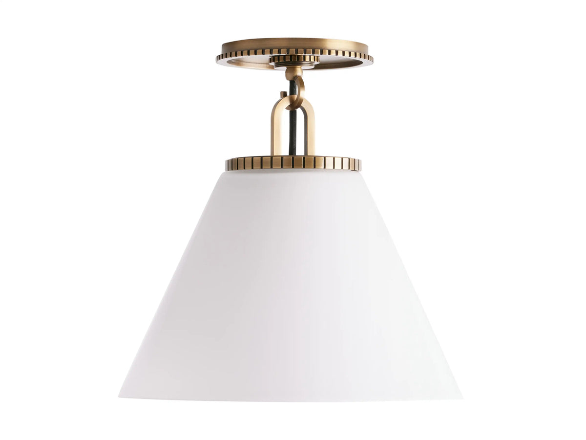 Wescott Cone Flush Mount with brass finish and white milk glass cone shade; ceiling mounted, featuring a short black fabric-wrapped cord.