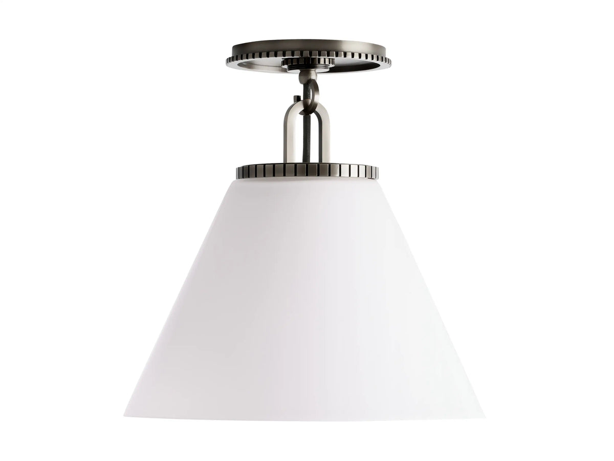 Wescott Cone Flush Mount with a white cone shade and metallic brass or bronze finish, featuring a ridged circular mount and connector.