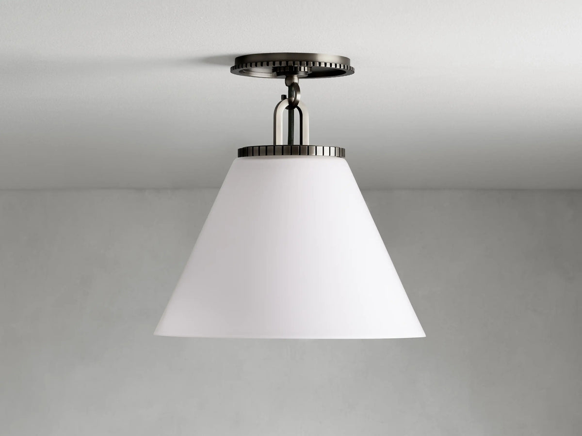 Cone-shaped flush mount light with a white glass shade and a bronze-finished steel base, mounted on a ceiling.