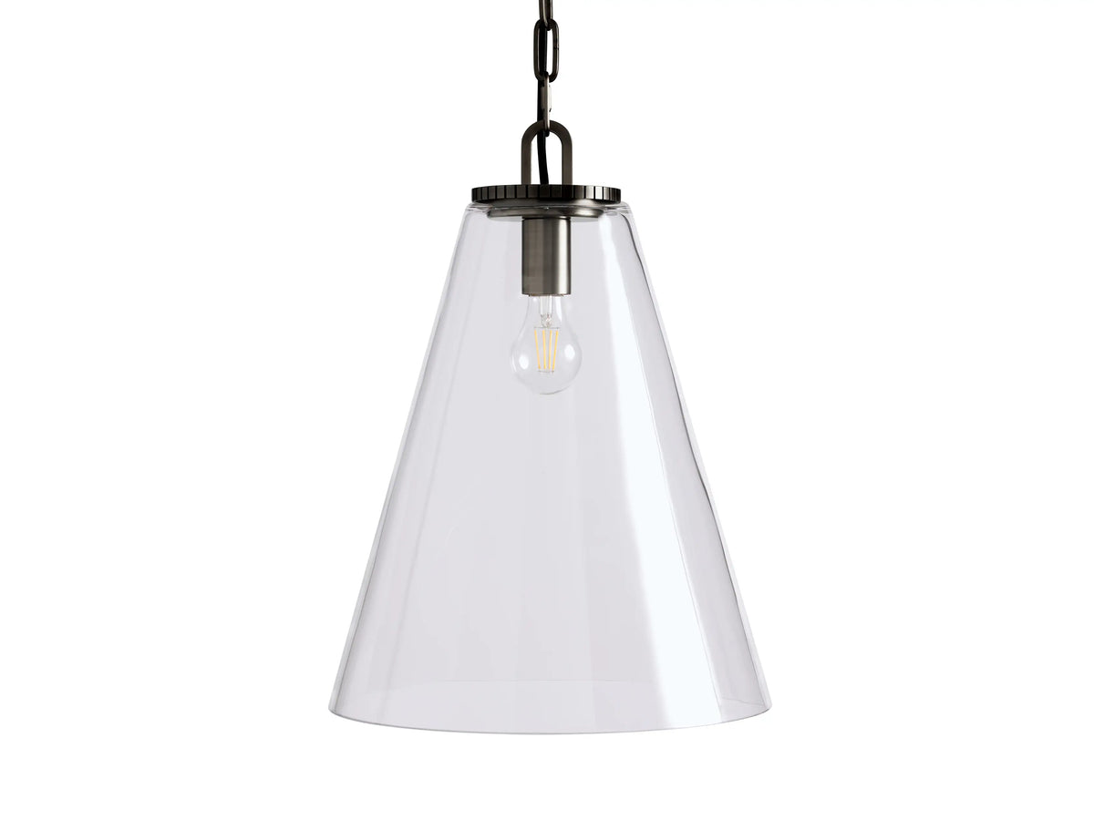 Cone-shaped pendant light with a clear glass shade, metallic fixture, chain, and visible bulb, suspended in a neutral setting.