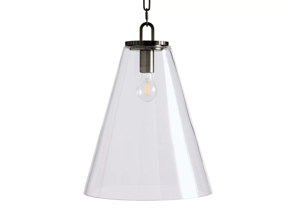 Wescott Cone Pendant with clear glass cone, black chain, and visible bulb socket, showcasing a modern steel design.