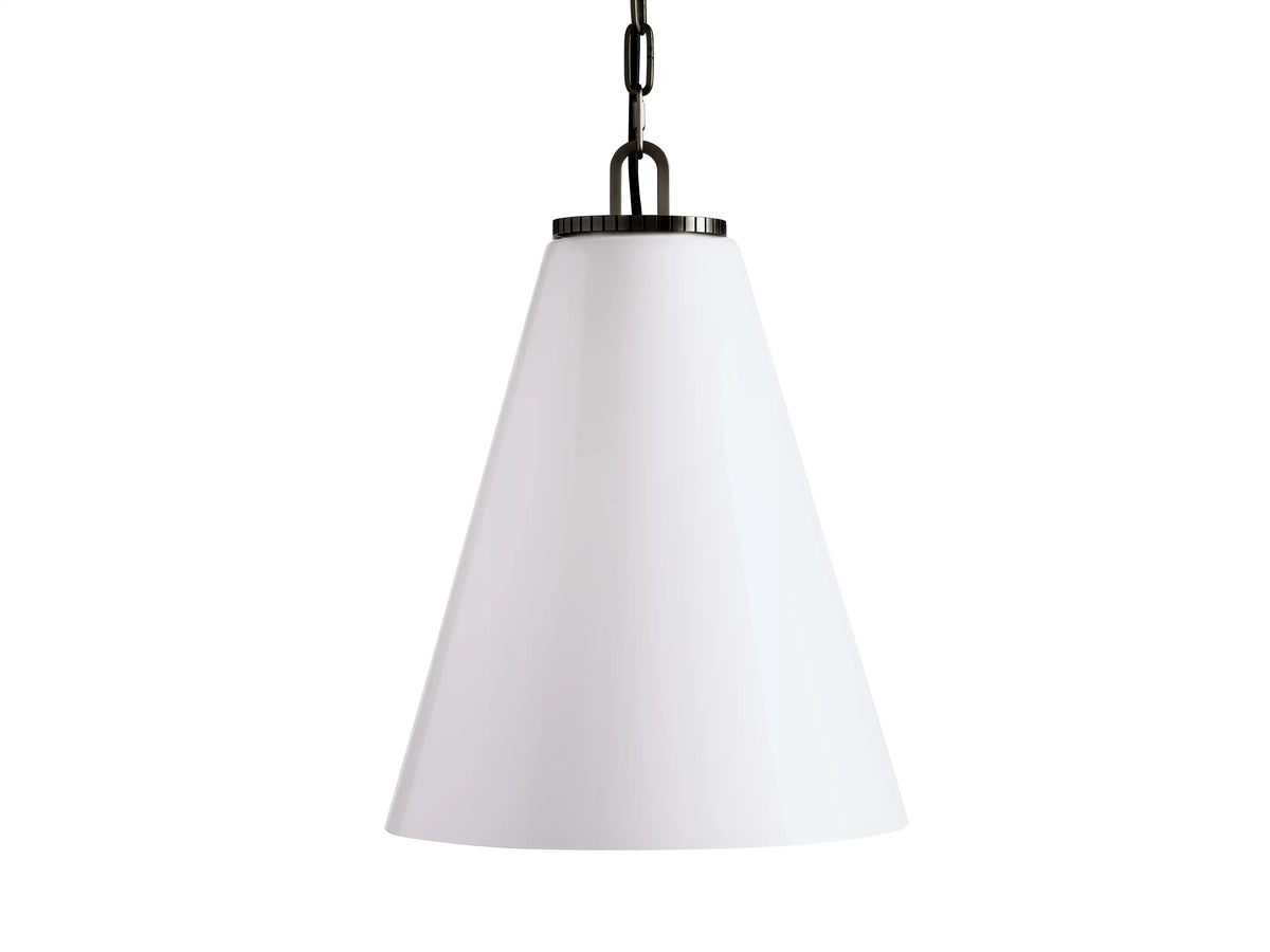 The Wescott Cone Pendant features a large milk glass cone shade suspended by a black chain, showcasing a modern, sleek design.
