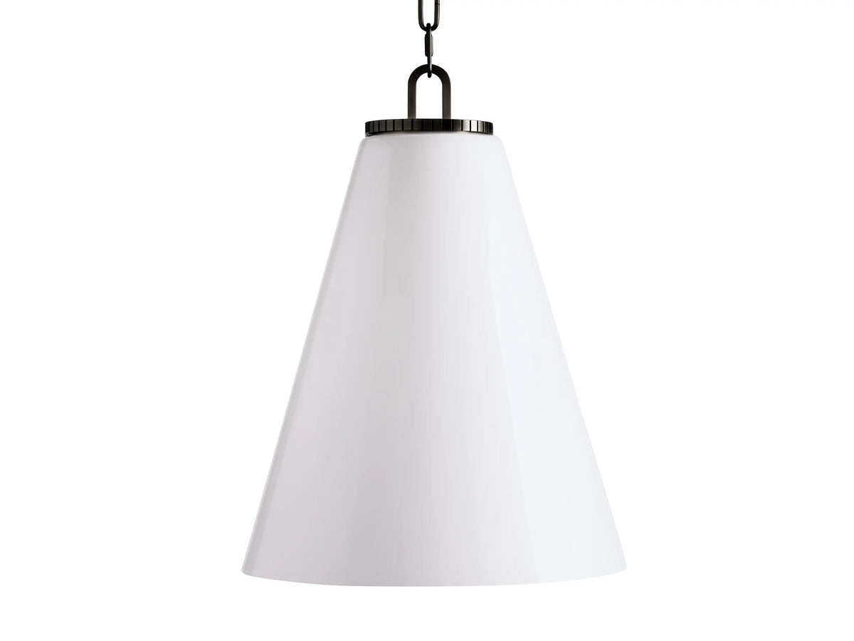 Wescott Cone Pendant with a sleek milk glass cone shade, suspended by a black fabric-wrapped chain.