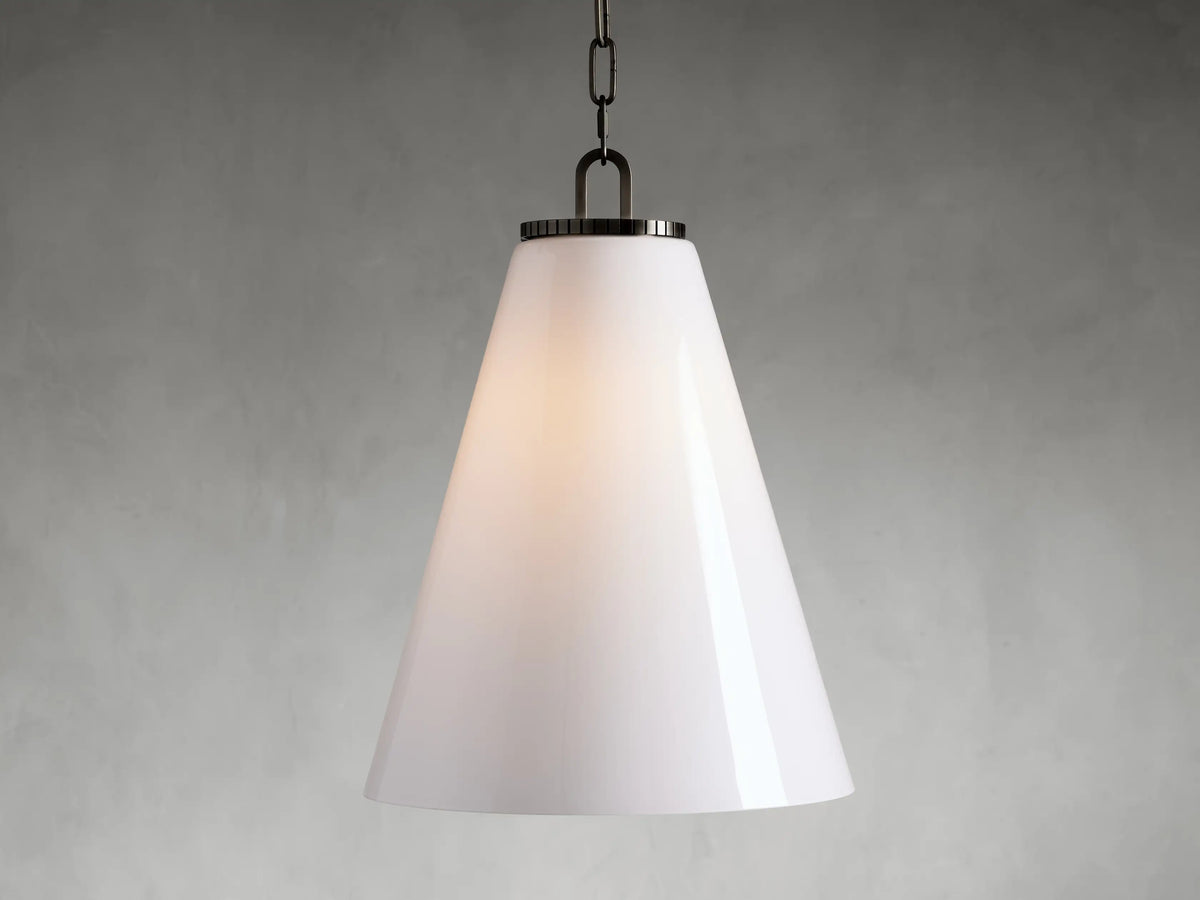 Wescott Cone Pendant in white milk glass finish with a black metal chain, suspended against a plain gray background.