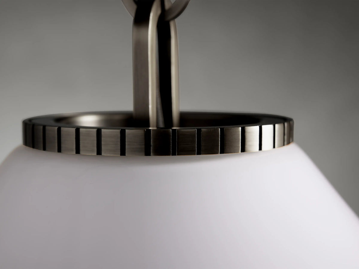 Wescott Cone Pendant with Chain featuring a close-up of the metallic rim and mounting detail on a smooth, white glass shade.