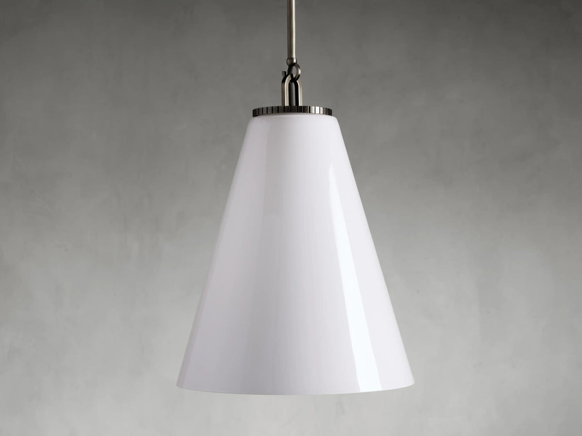 Cone-shaped pendant light with a smooth white glass shade, metallic holder, and rod against a gray background.
