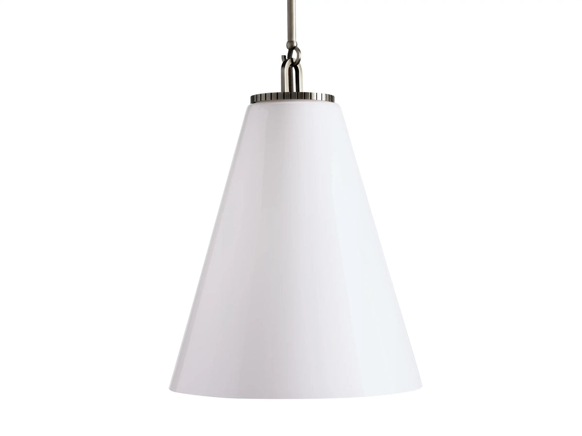 Cone-shaped pendant light with a white milk glass shade and a silver metal rod at the top.