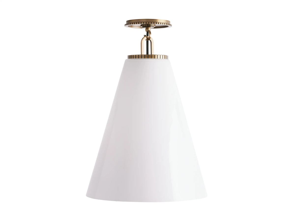 Wescott Cone Flush Mount in brass finish with clear glass cone, featuring detailed metalwork and black fabric-wrapped cord.