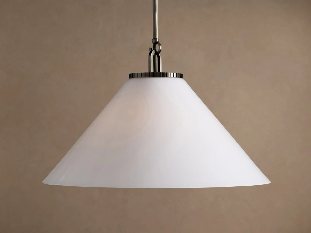 Wescott Cone Pendant with Rod featuring a white opaque conical milk glass shade hanging from a metallic rod and fixture.