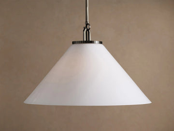 Wescott Cone Pendant with Rod featuring a white opaque conical milk glass shade hanging from a metallic rod and fixture.