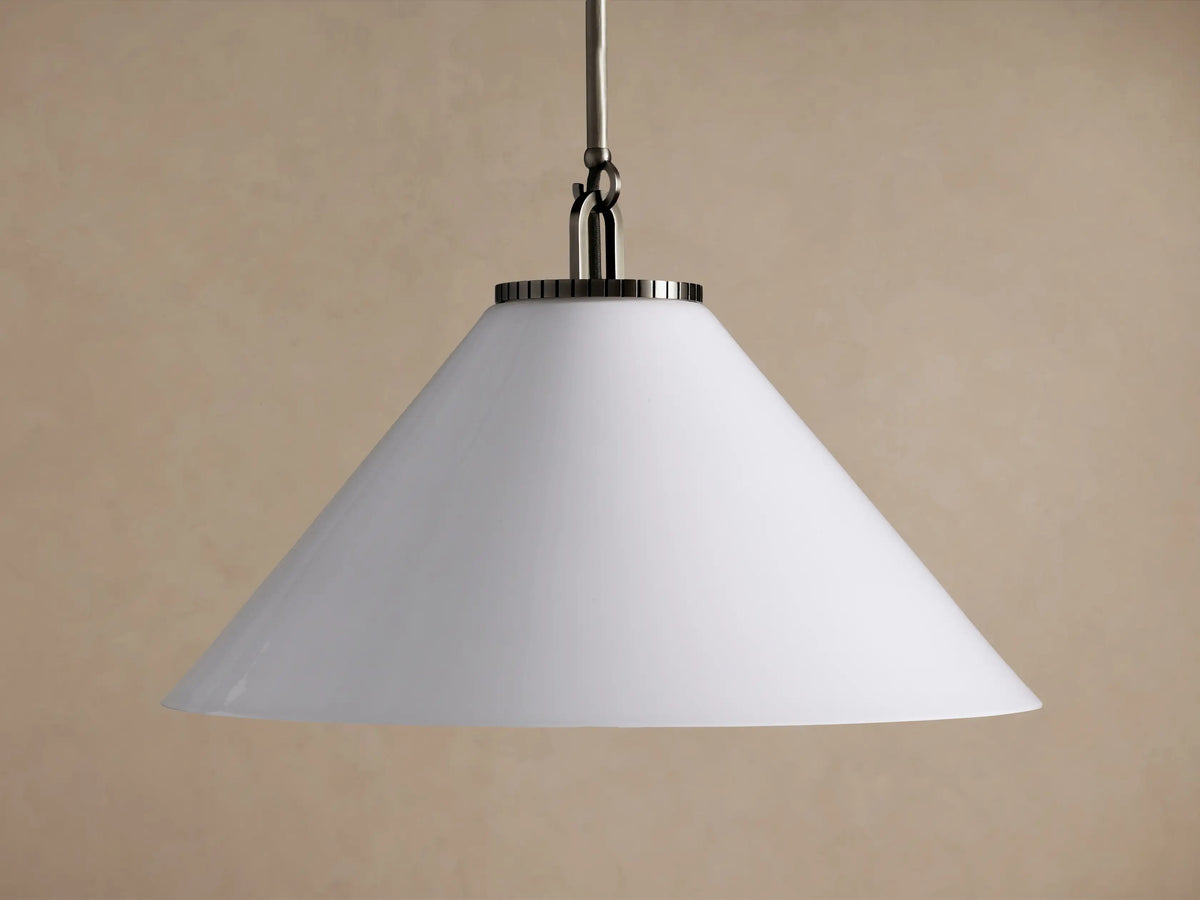 Wescott Cone Pendant with Rod featuring a white opaque conical milk glass shade hanging from a metallic rod and fixture.