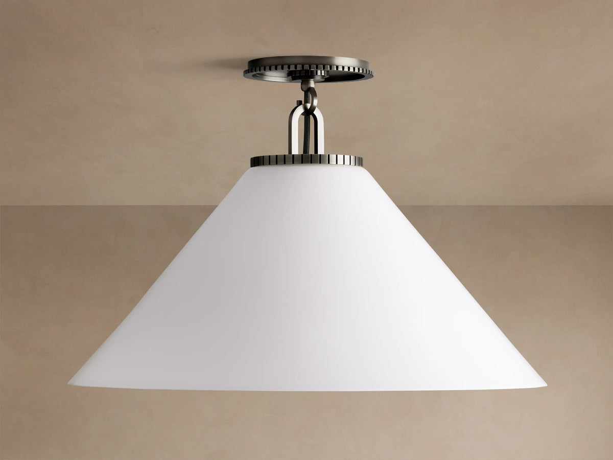 Wescott Cone Flush Mount with a large white milk glass cone shade and dark bronze ridged metal canopy, mounted on a beige ceiling.