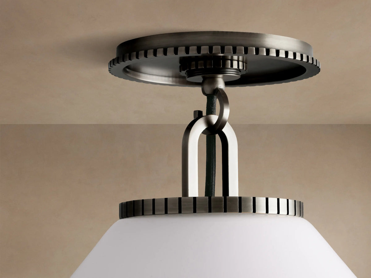 Wescott Cone Flush Mount with large white milk glass cone shade and dark bronze metal, mounted on a light ceiling.