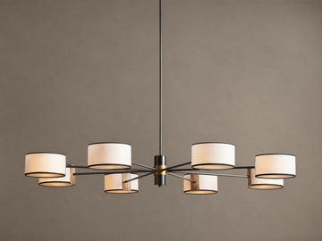 Daphne Fabric Round Chandelier: A dark bronze fixture with 8 white linen shades, black trim, radiating in a circle.