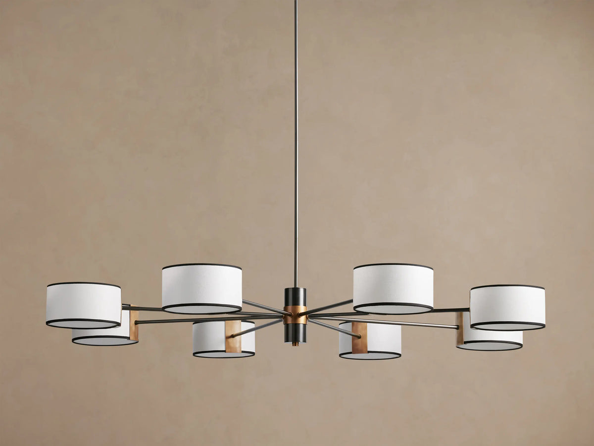 Daphne Fabric Round Chandelier: A dark bronze fixture with 8 white linen shades, black trim, radiating in a circle.