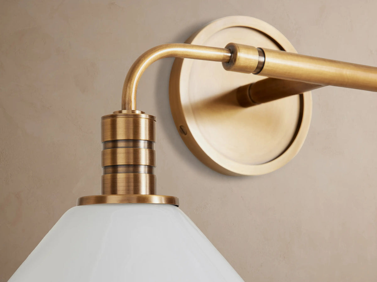 Theron Double Sconce: horizontal brushed brass fixture with two inverted conical milk glass shades, mounted on a textured light brown wall.