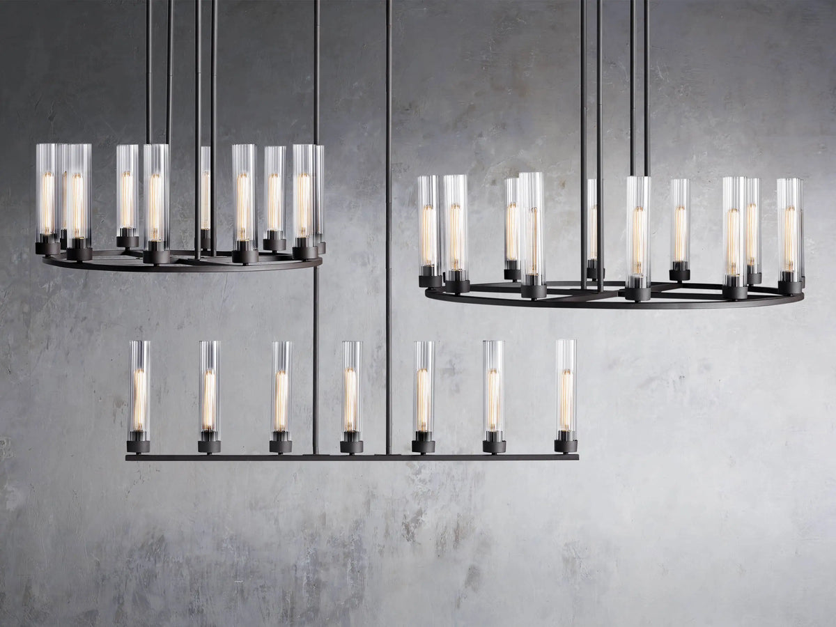 Andreas 10-Light Round Chandelier with a bronze finish, featuring ten cylindrical glass shades in a circular arrangement.