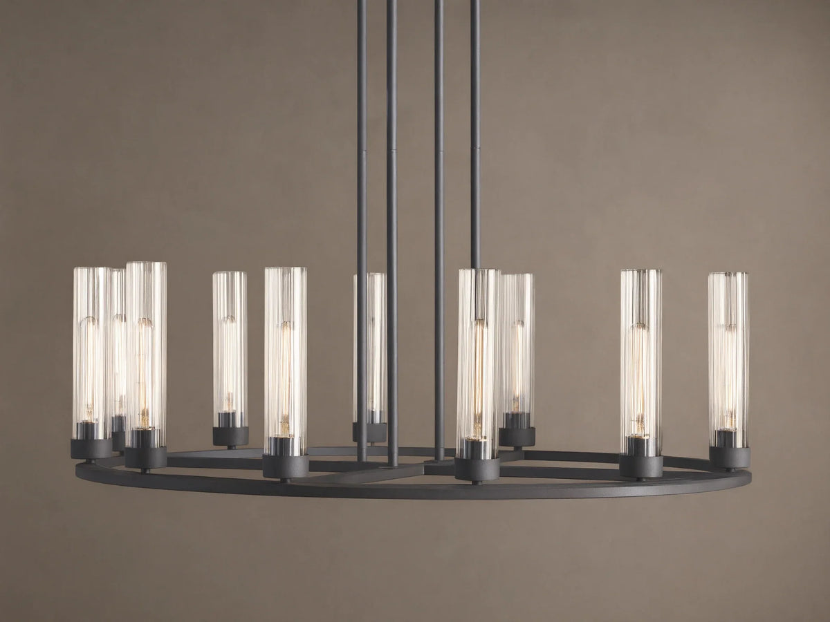 Andreas Round Chandelier, dark bronze, with a circular frame holding 10 clear ribbed glass shades, suspended by rods.