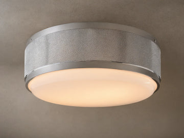 Round ceiling light with a brushed metal frame and frosted glass diffuser. Soft warm glow, mounted on a neutral-colored ceiling.