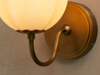Agnes Gooseneck Sconce with antique brass finish, curved arm, and a paneled cream glass globe shade on a light wall.