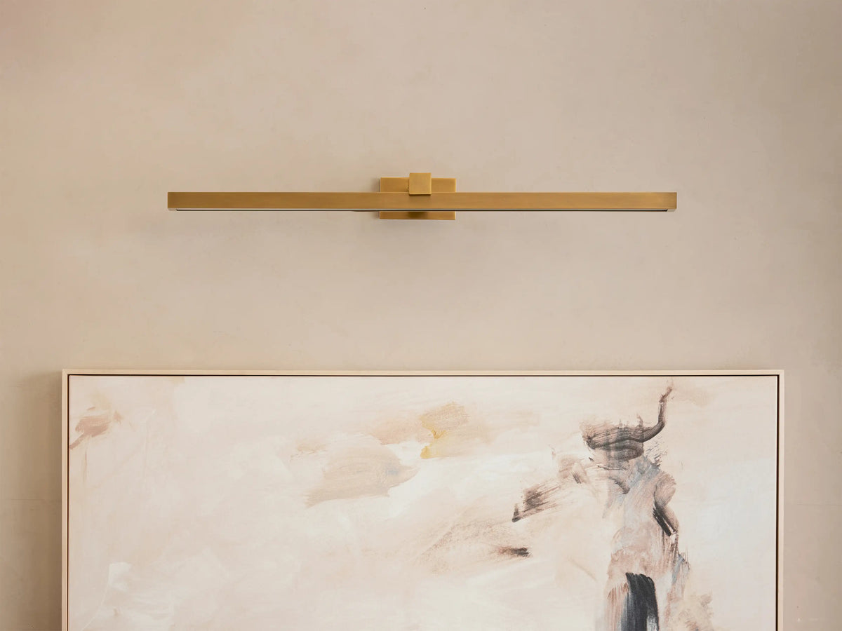 Corinth Picture Light Sconce in brass finish, mounted horizontally on a beige wall, illuminating an abstract painting below.
