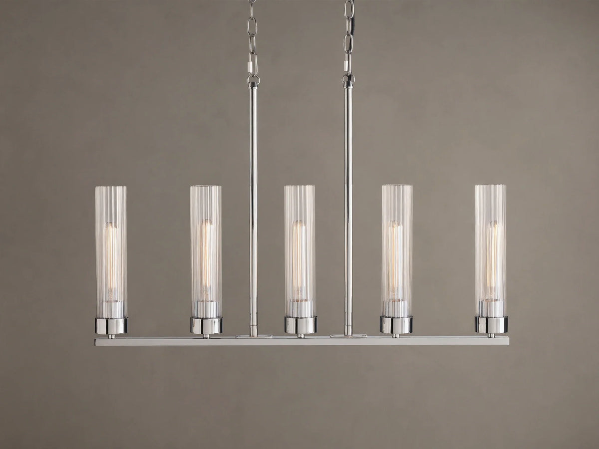 Andreas Linear Chandelier, 5-light, with ribbed clear glass shades, filament bulbs, & polished chrome finish, hanging straight-on.