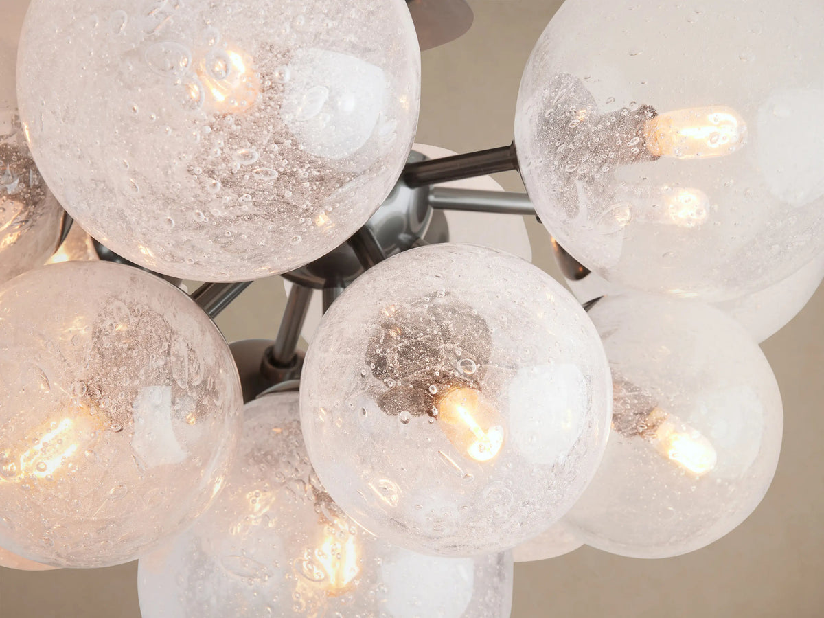 Mandoza Flush Mount: Cluster of clear, hand-blown glass globes with visible filament bulbs, attached to a light ceiling.