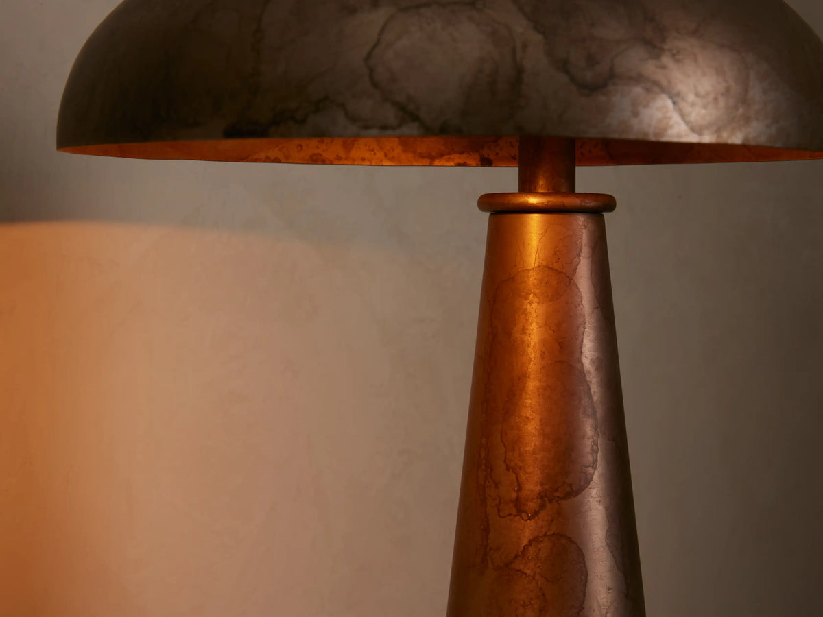 Chantou Table Lamp, antiqued brown steel with organic markings, mushroom top, conical base, on wood with books.