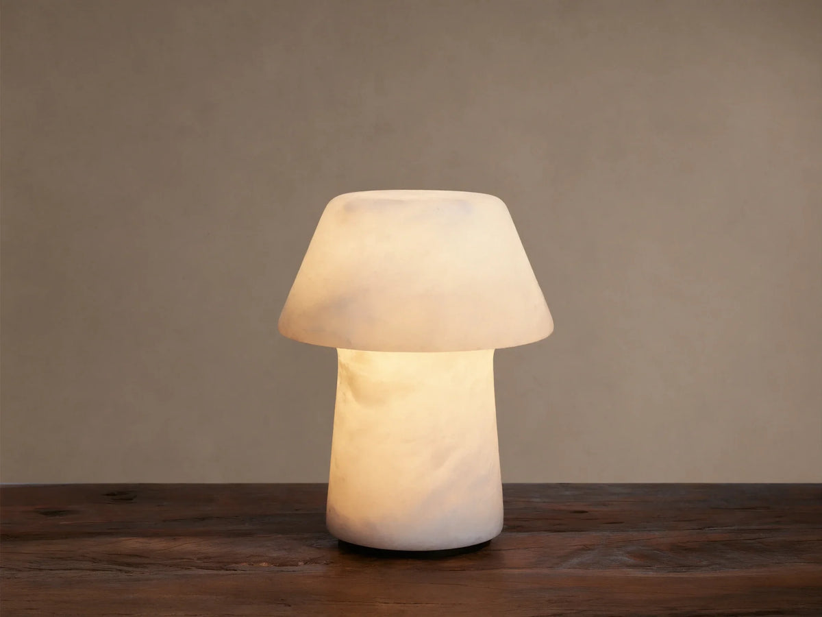 Daine Alabaster Outdoor Rechargeable Table Lamp, mushroom-shaped, glowing milky white, on rustic wood against brown wall.