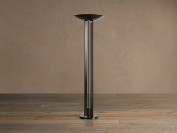Romina Floor Lamp, bronze-finished steel, standing on wood. Modern torchiere design with upward-facing bowl shade & twin vertical shafts.