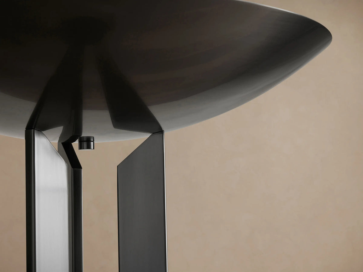 Romina Floor Lamp, bronze-finished steel, standing on wood. Modern torchiere design with upward-facing bowl shade & twin vertical shafts.