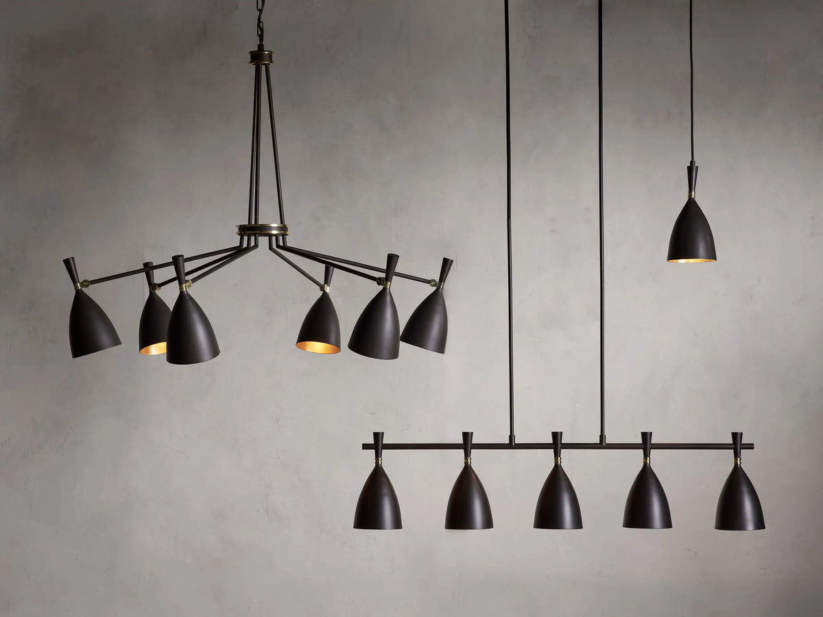 Jacarra Linear Chandelier ceiling mount with old bronze finish, two vertical steel poles, and a matte white background.