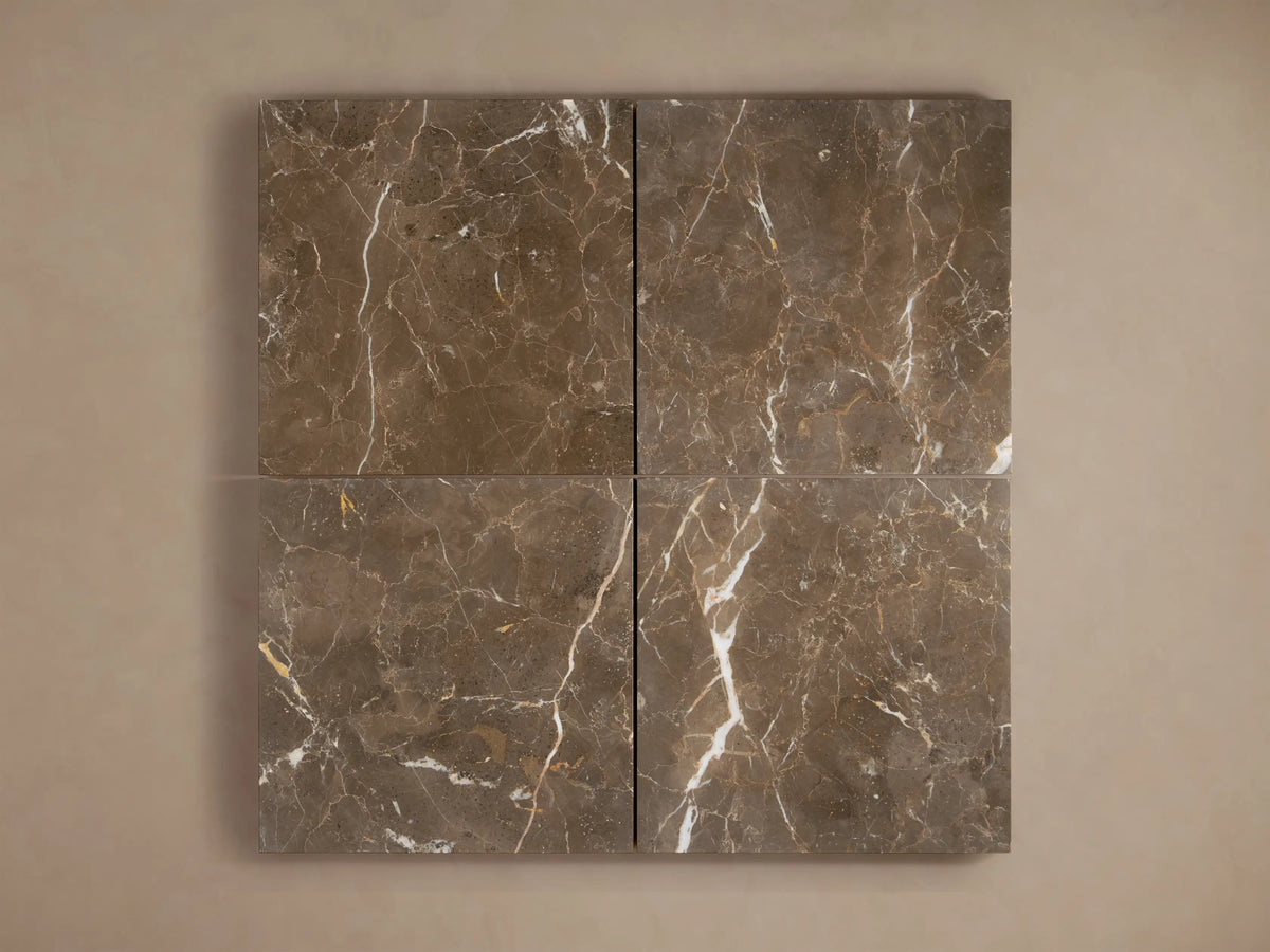 Monviso Floor Lamp base close-up: espresso brown stone with white veins, walnut wood post, bronze sleeve, black cord.