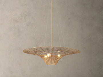 Mirza Caping Chandelier in antique brass finish, woven stainless steel and brass, disc shape with three visible bulbs, suspended by cables.