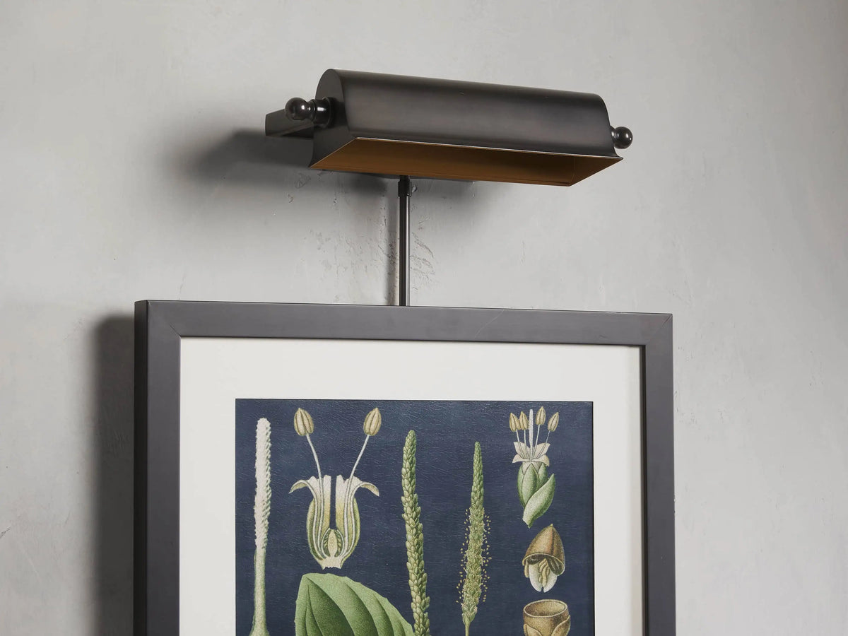 Tremont Bronze Library Sconce with a sleek bronze finish, mounted above framed botanical art on a gray wall, clear cord visible.