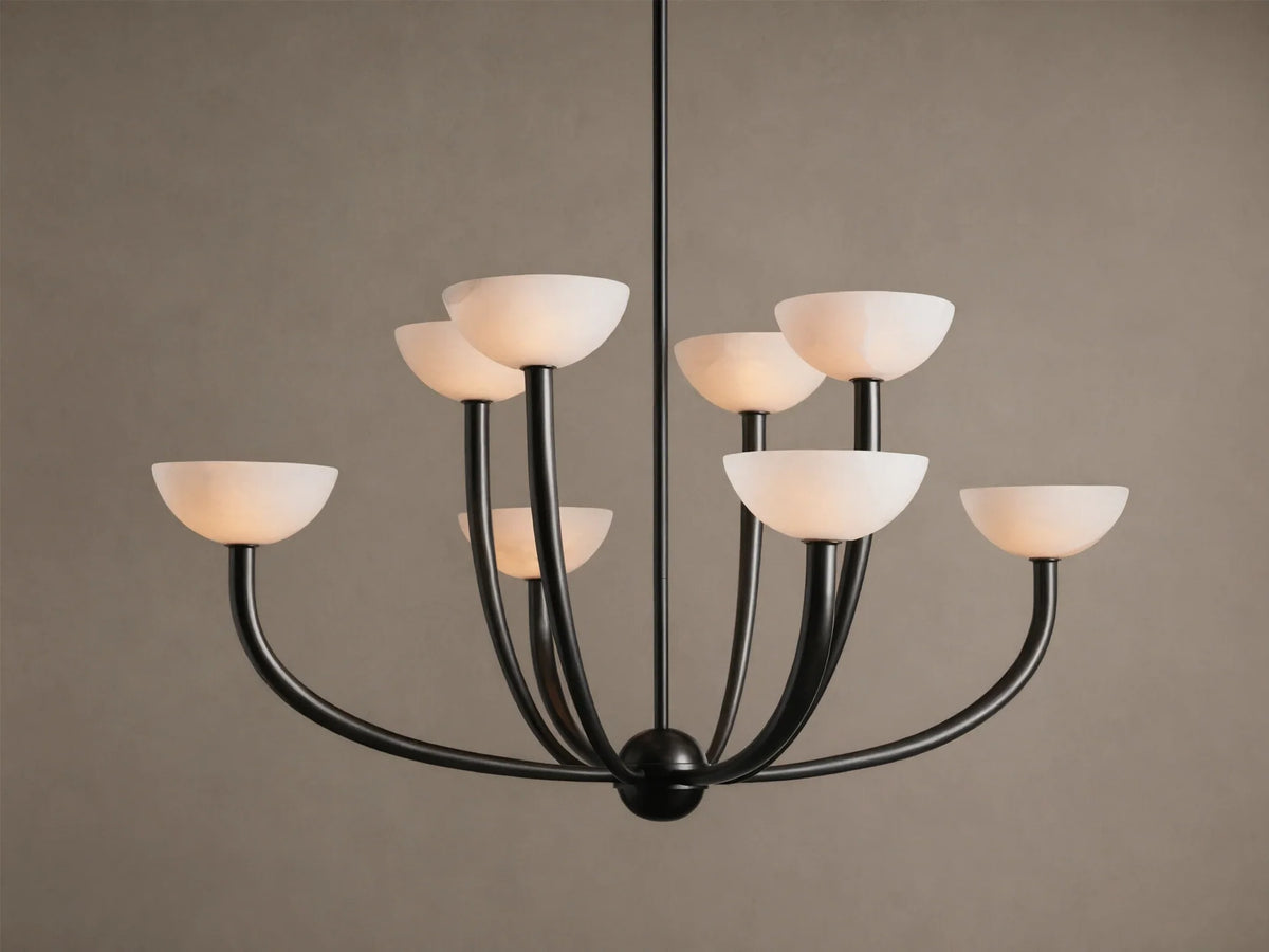 Saguaro Chandelier, black metal frame with eight glowing, upward-facing alabaster bowl shades.