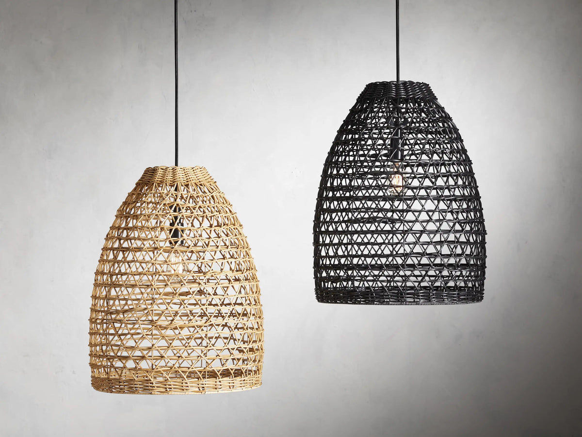 Braemar Outdoor Black Pendant with an intricate, lattice-patterned all-weather wicker in black, showcasing close-up detail.
