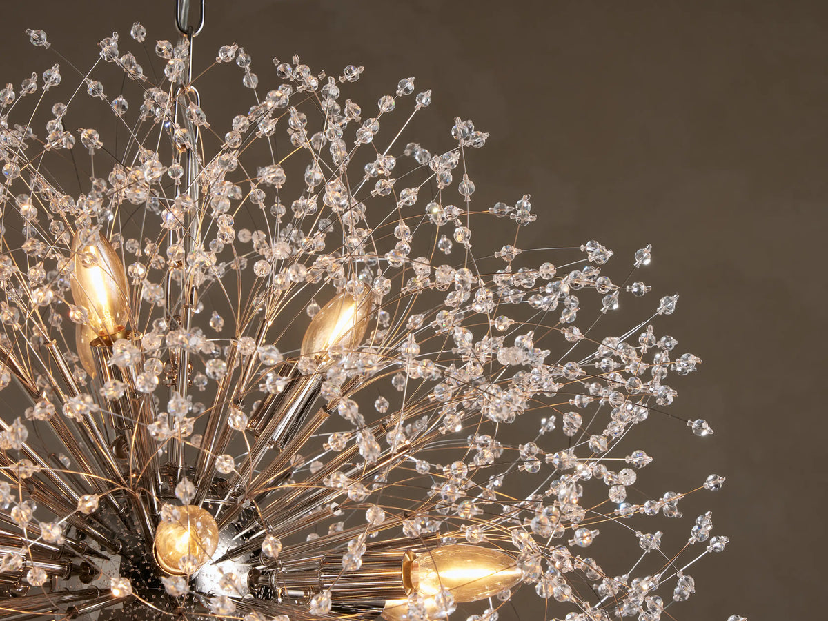 Dandelion Round Chandelier, spherical silver fixture with numerous clear crystal accents, resembling a dandelion, hanging.