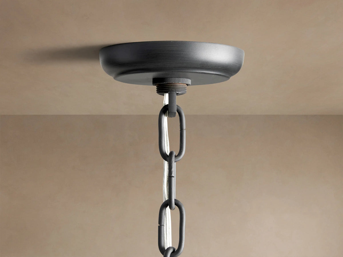 Leyland Round Chandelier with dark oil-rubbed iron frame and sparkling multifaceted K9 glass crystals, suspended by a chain.